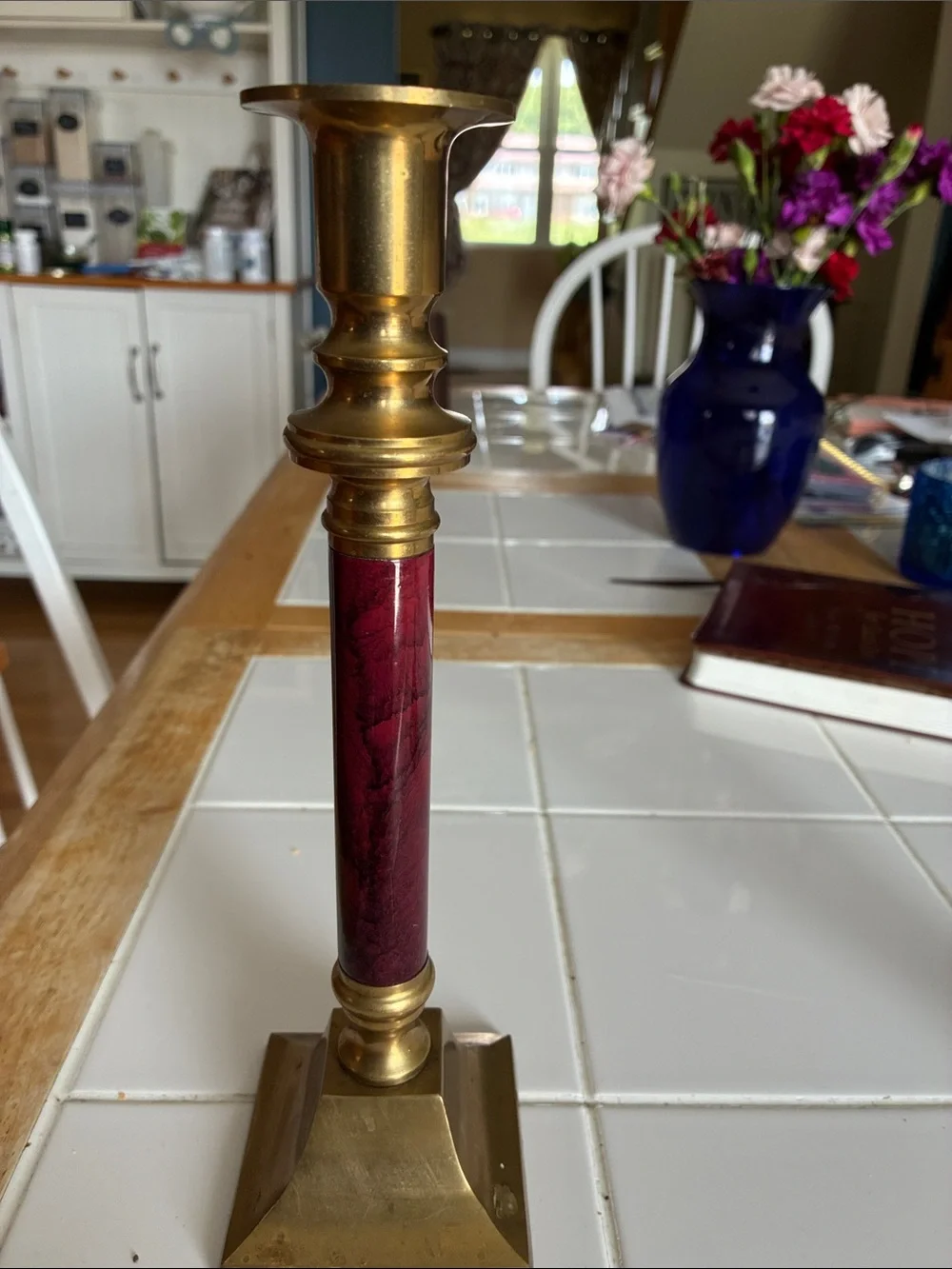 Brass and Burgundy Home Accents Candlestick Pair